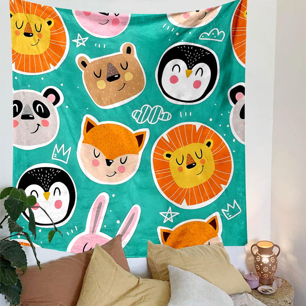 Cute Cartoon Animals on Turquoise Background Patterned Tapestry Decorative Wall Hanging, Home Bedroom Living Room Decor