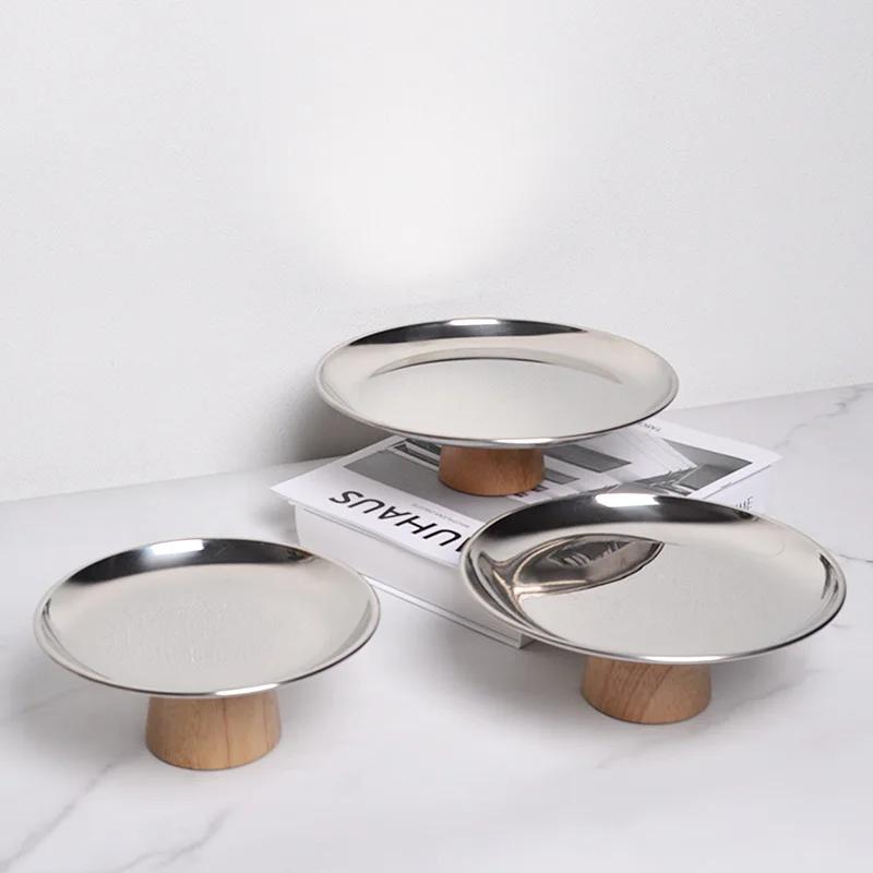 Nordic Metal Round Solid Wood Base Tray Living Room Porch Small Objects Desktop Storage Tray Sundries Cake Display Organizer