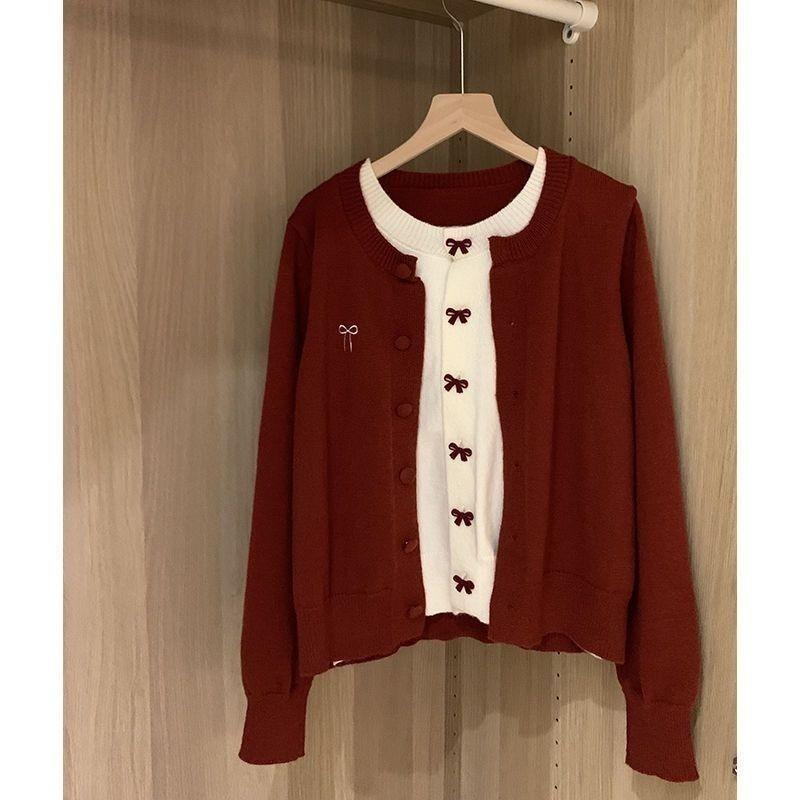 Bow Tie Fake Two Women's Cardigans Color Blocking Round Neck Solid Color Knitted Sweater Campus Style Korean Style Woman Slimming Casual Coat