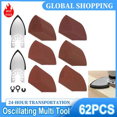 62Pcs Oscillating Multi Tool Triangular Hook Loop Sandpaper Oscillating Multi Tool Sanding Pad Multi 60/80/120/180/240/320 Grit