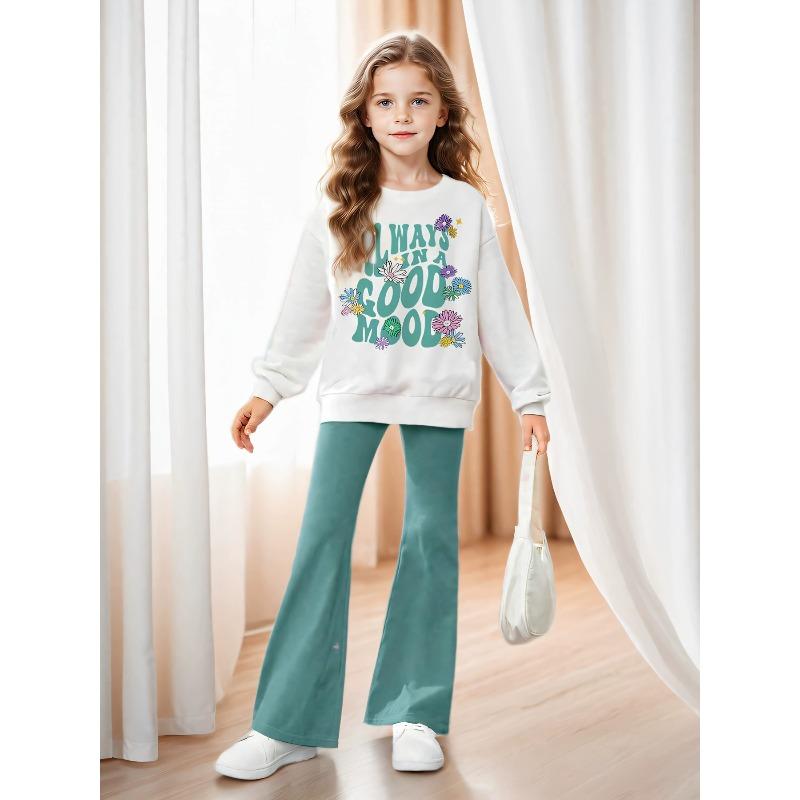 Children's Clothing Girls Floral English Patterns Off-Shoulder Pullover Flared Pants Two-Piece Set Blue-Green Pants Comfortable and Versatile Set