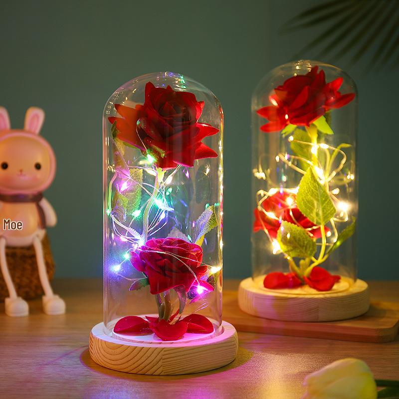 Glaskuppel Rose mit Lichtern - Kreatives Geschenk zum Frauentag und Nachtlicht-Ornament