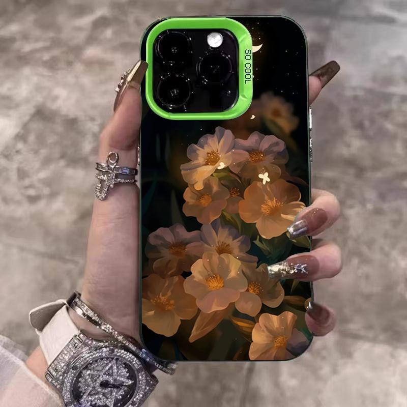Dark Background Floral Pattern Electroplate IMD Phone Case For iPhone 16 15 14 13 12 11 Pro Max 16E 7 8 Plus X XS XR SE Cover