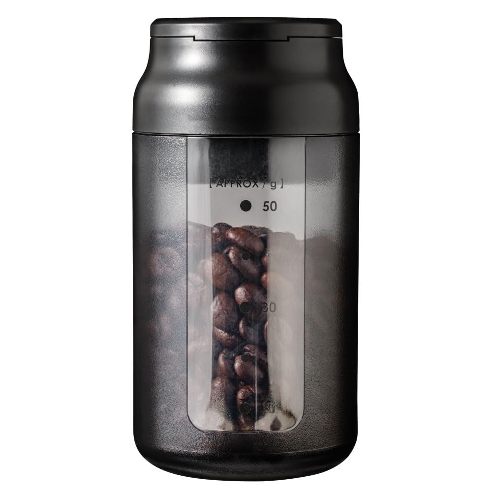 &NE Portable Coffee Canister, Nikii Cafe, Black, 6cm Diameter X 12.1cm Height, 5-Cup Capacity, Made In Japan, Compact, Tilt-to-Measure, No Measuring
