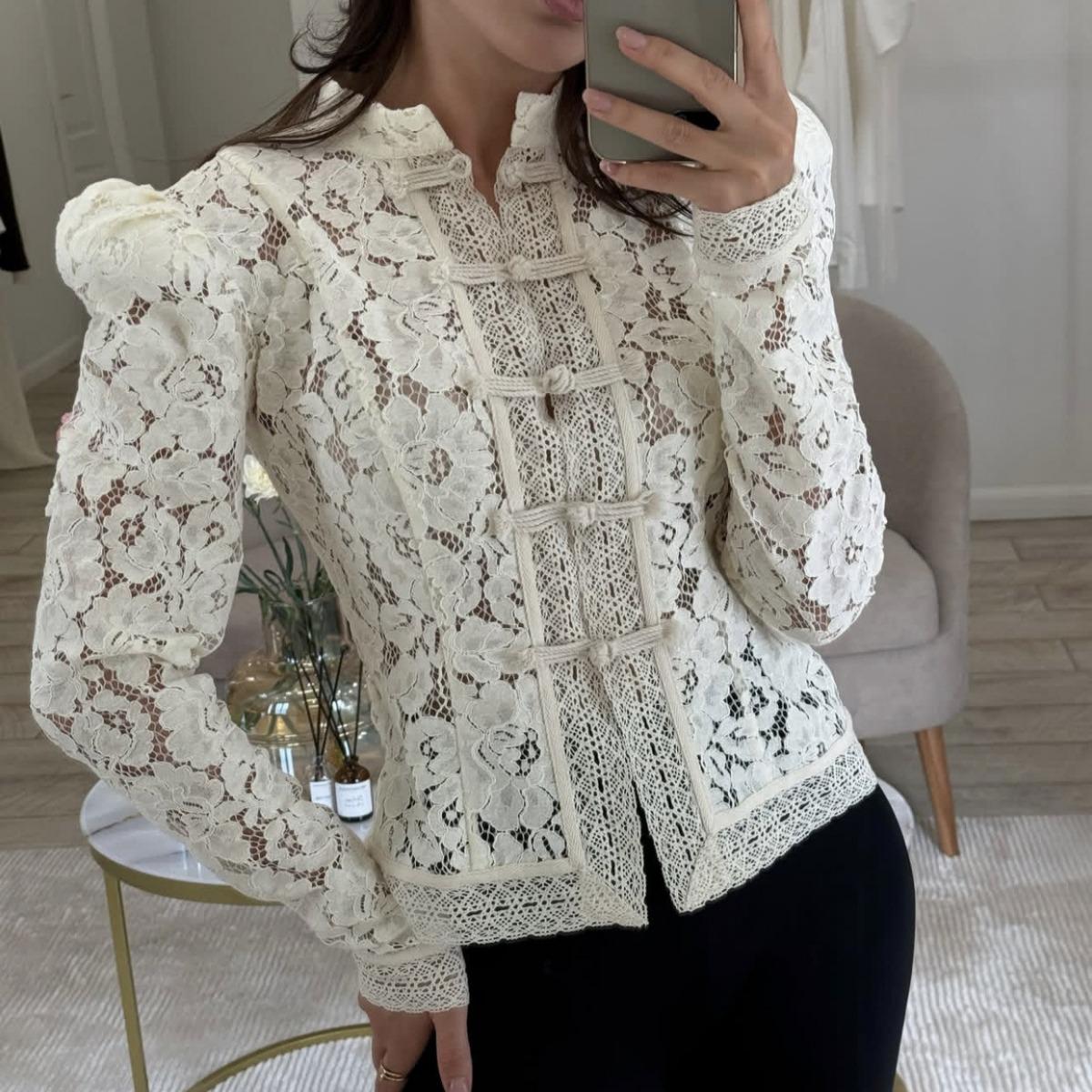 Summer New Women s Lace Crochet Stand Collar Slim Fit Blouse Fashion Elegant Commuter Shirt S