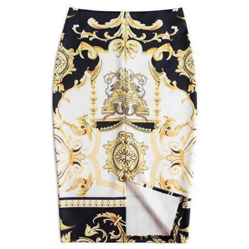 Summer Cartoon Print Elegant Pencil Skirt Women Bodycon High Waist Knee Length Skirt Female