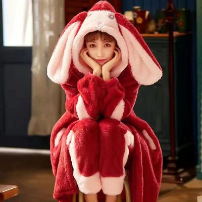 Pajama Lady Autumn/Winter Flannel  Fleece Thick Nightgown Long Lovely Coral Fleece Homewear Set Can Be Worn Outside Comfortable