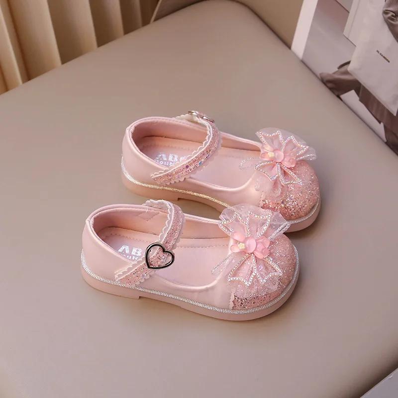 

Spring Autumn Children s Leather Shoes chic Sequins Girls Party Shoes Fashion Bowtie Rabbit Kid Princess Causal Dress Flat Shoes 26 розовый