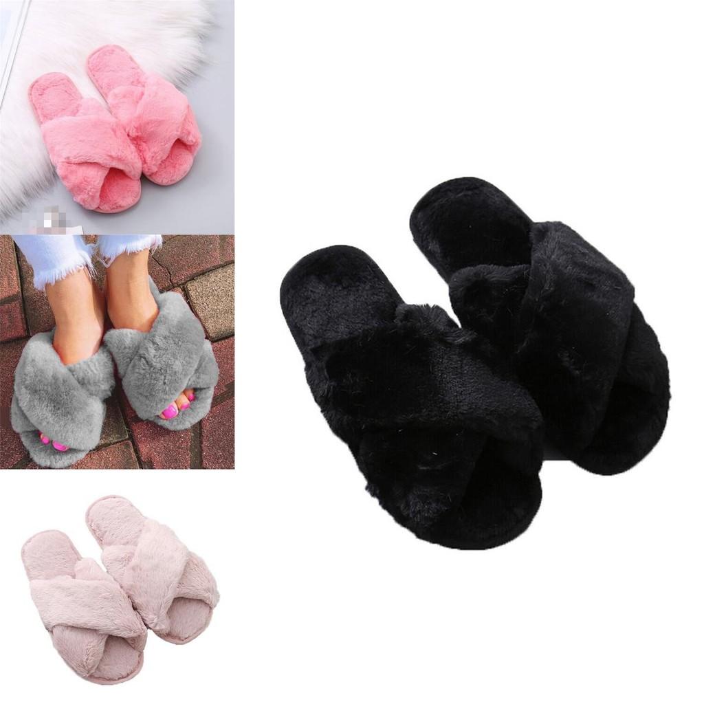 Stylish Ladies Fur Fluffy Slippers Cross Furry Summer Mules Shoes In Black