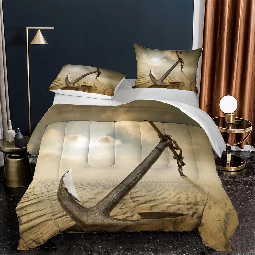 Comforter Anchor Nautical Steamboat Bedding Set Ocean Coastal Theme Blue And White Strip For Kids Adults King Size