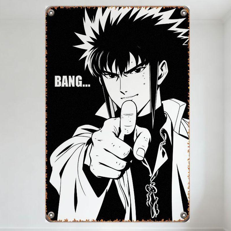 

Vintage Anime Character Metal Tin Sign Black White Stylized Spiky Hair Open Jacket Pointing Viewer BANG... Retro Rusty Metal Pos 20x30cm（7.8x11.8inch）