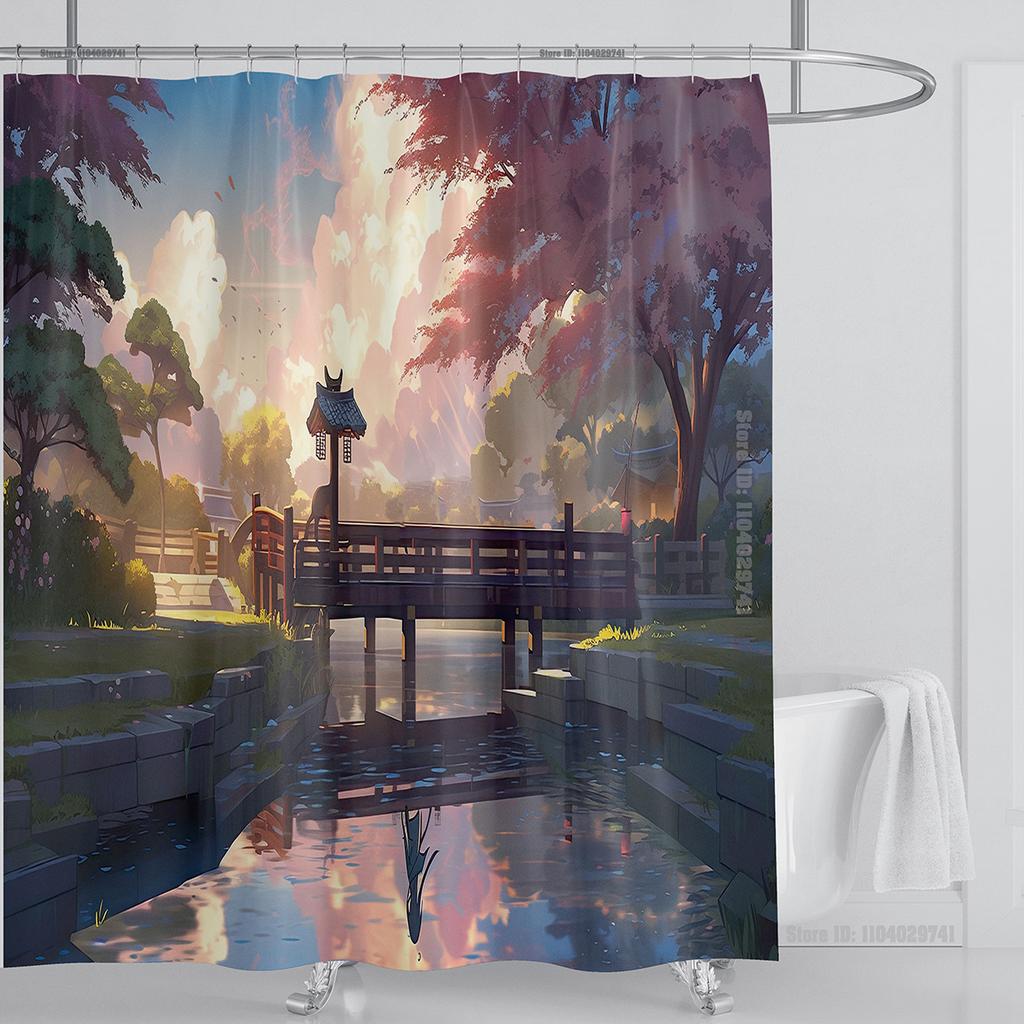Illustration Japanese Chinese Style Art Print Polyester Washable Waterproof Shower Curtain Bathroom Decoration Bathtub With Hook