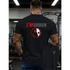 European Size Men's "I'M BROKEN" Split Joyful Face T-Shirt - Double-Sided Front & Back Print, Red & Gray Casual Round Neck Short Sleeve Top