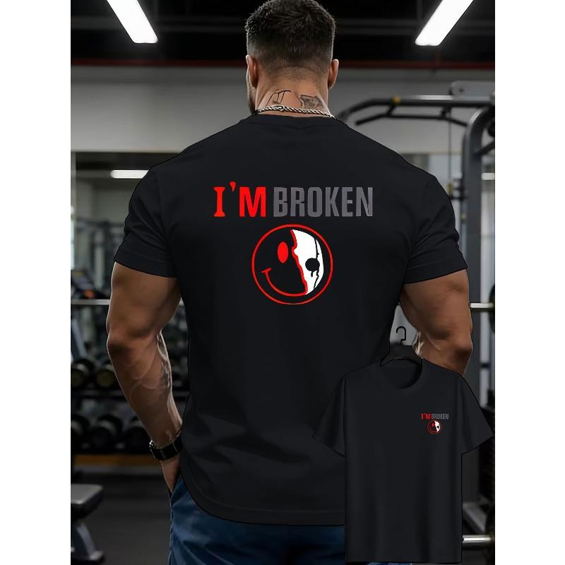 

European Size Men s I M BROKEN Split Joyful Face T-Shirt - Double-Sided Front & Back Print, Red & Gray Casual Round Neck Short Sleeve Top 4XL чорний