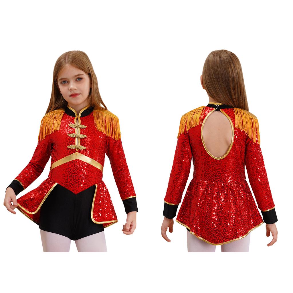 Girls Circus Ringmaster Costume Long Sleeve Shiny Sequins Dress Jumpsuit Halloween Party Fancy Cosplay Outfits Ballet Dancewear