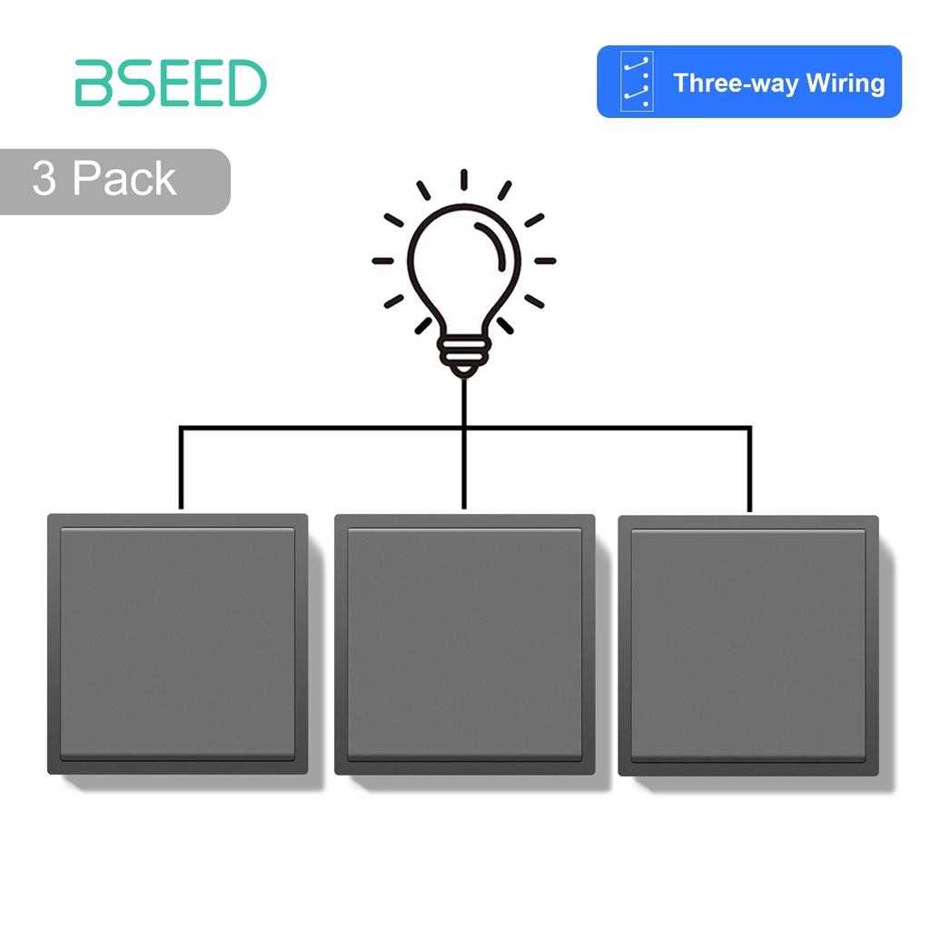 BSEED 1Gang 3Way Mechanical Button Switches Wall Light Switches EU Standard 80mm*80mm Plastic Frame 3Pack 10A