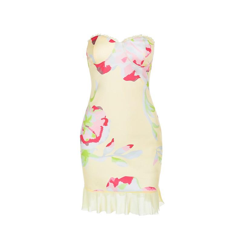ZX24425 2026 Floral Print Tube Top Bodycon Mini Dress Mori Style Casual Versatile Women