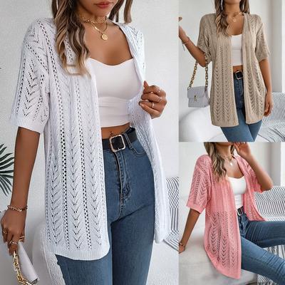 Spring and Summer Women Elegant Knitted Cardigan Hollow Out Short Sleeved Sun Proof Tops for Women