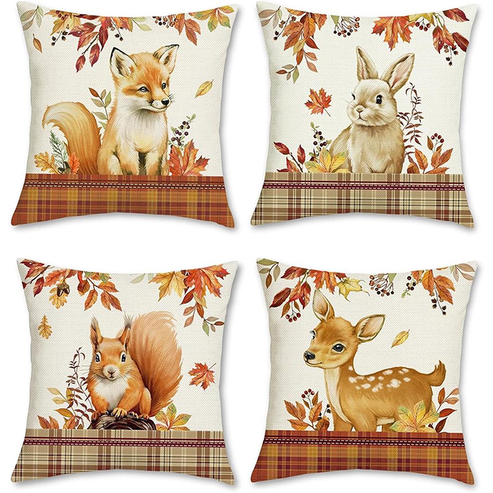 Four Autumn-Themed Animal-Printed Pillowcases: Fox, Rabbit, Squirrel, and Deer Sofa Cushion Cover, Home Room Decoration