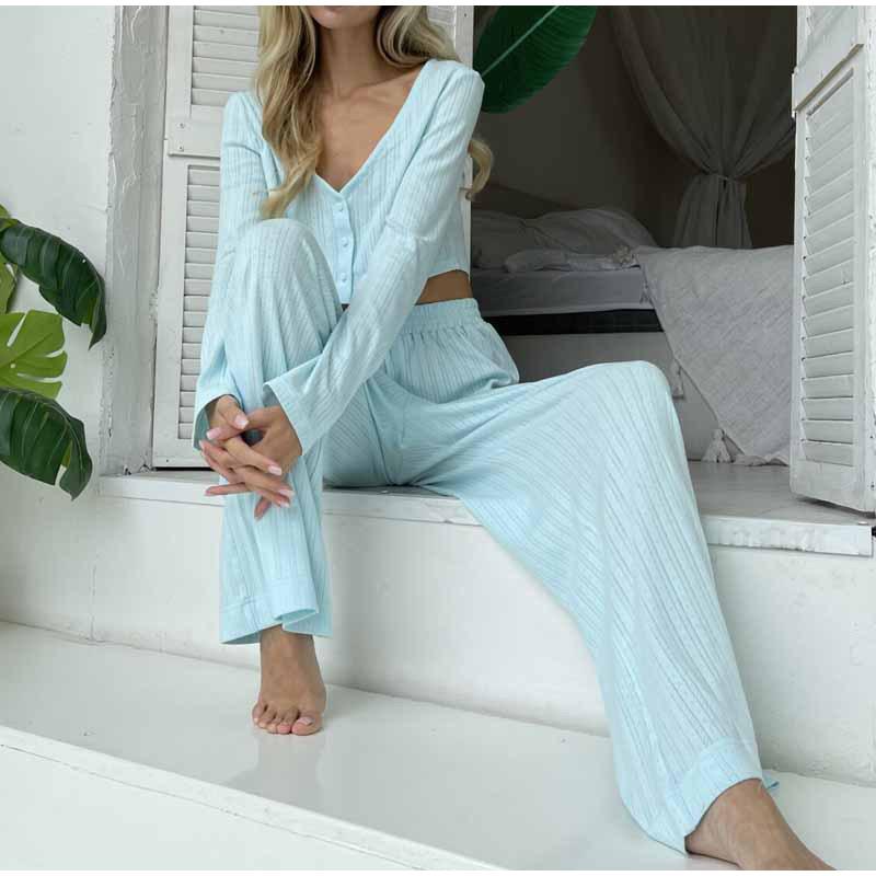 Casual Long Pants Set Woman Spring Summer V-neck Buttons Blouses Full Sleeve Elastic Waist Trousers Sets Female Solid Color Office Lady Suit