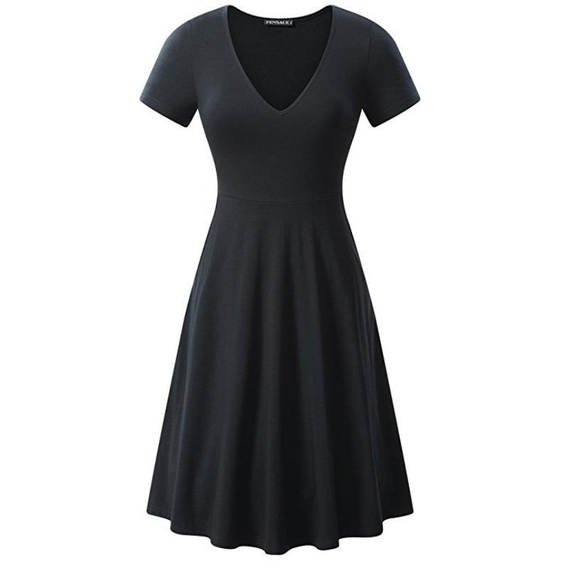 Spring and Summer Large Size Solid Color V-neck Short-sleeved Simple Loose Dress