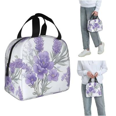 Light Purple Floral Pattern Insulated Lunch Bag for Women Kids Portable Food Boxes Thermal Lunch Box Tote