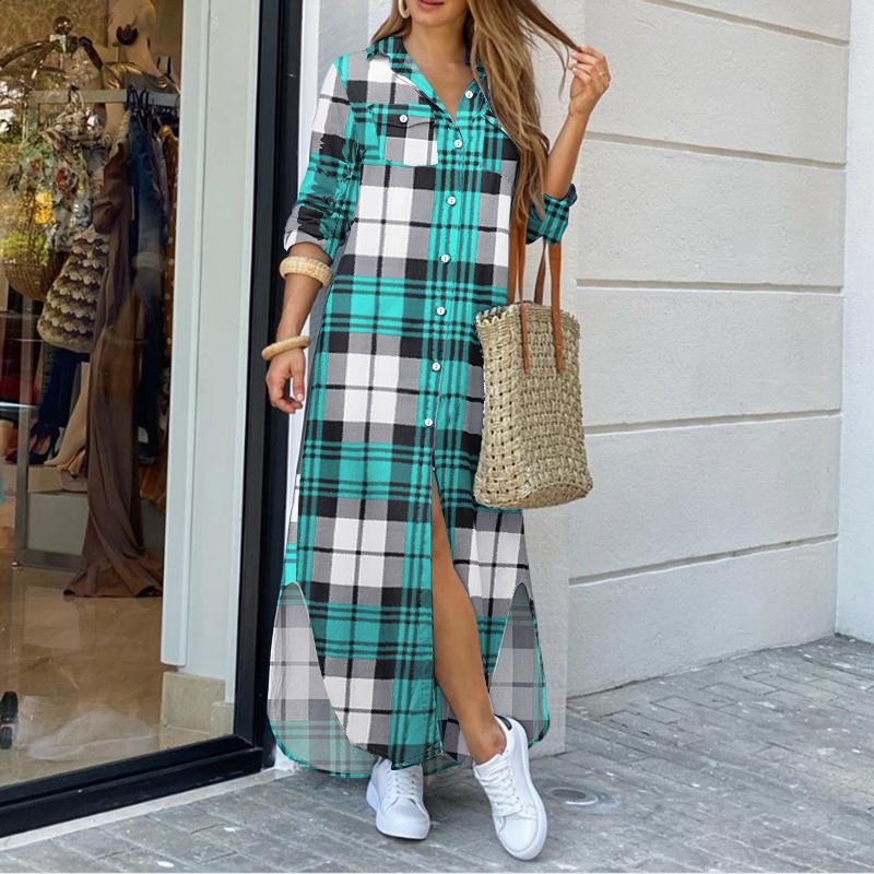 

ZANZEA Women Turn Down Collar Long Sleeve Plaid Print Casual Long Shirt Dress 5XL