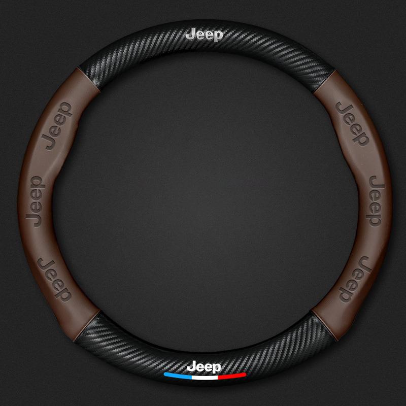 Car Napa Leather Carbon Fiber Texture Steering Wheel Cover For Jeep Grand Cherokee Wrangler Gladiator Compass Renegade Keychain