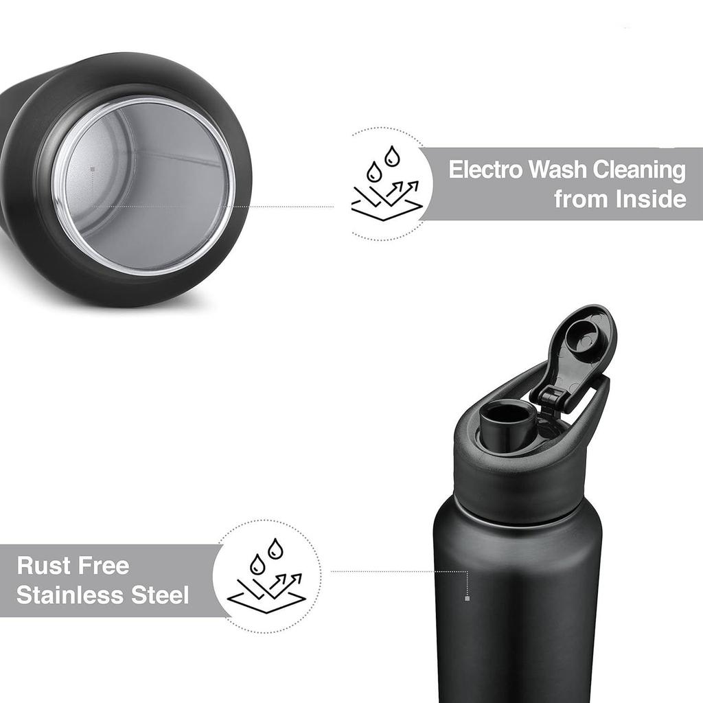 Stainless Steel Water Bottle 1 Ltr For Kids, Boys, Girls, 1 Litre Bottles for Gym, Sports, Fridge Use, School & Office (Sipper Cap - Set of 3, Black)