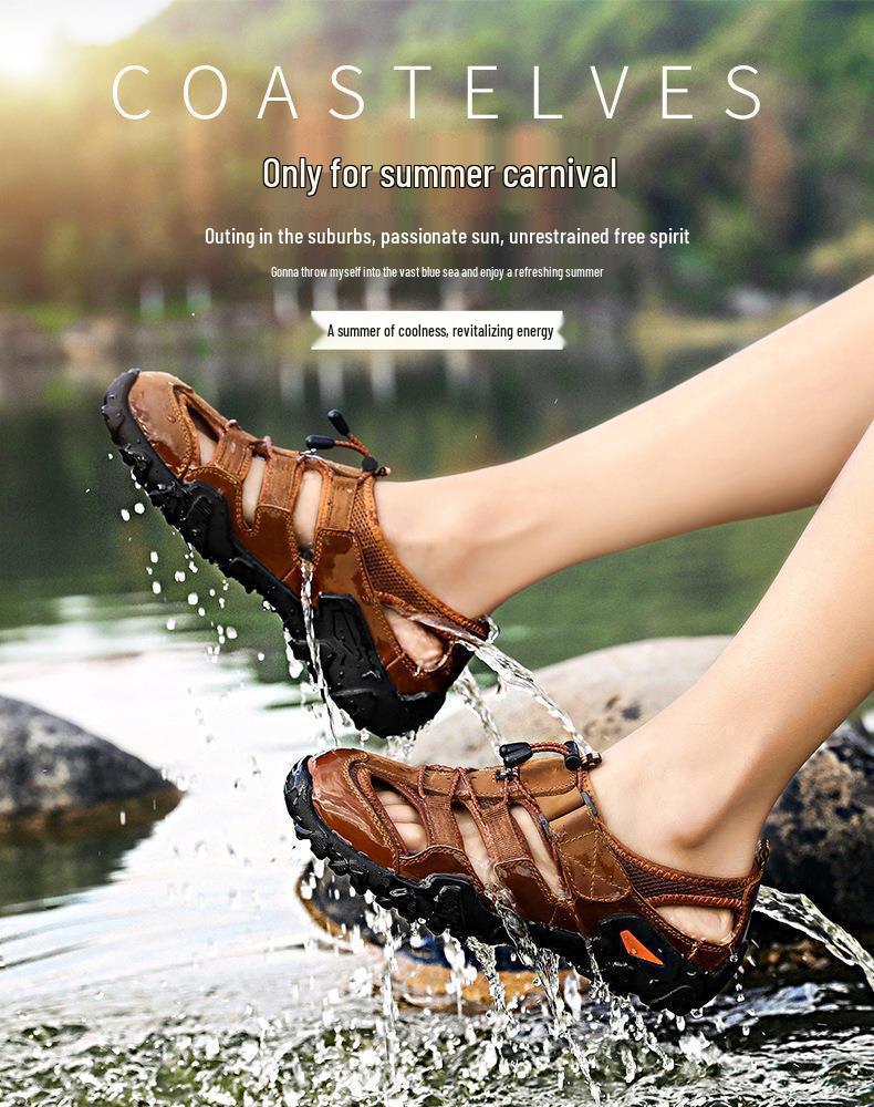 Men's Outdoor Breathable Closed-Toe Leather Sandals - Comfortable, Large Size, Cross-Border Summer Beach Shoes