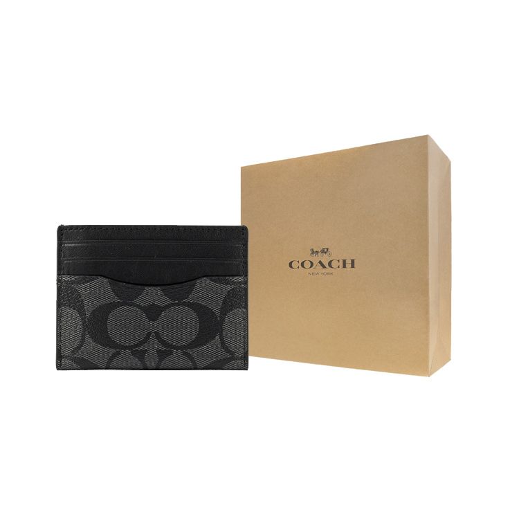 Coach Card Case Classic Monogram Print Three Credit Card Slots Coated Canvas Men Card Holder Gray Black 58110-CQBK
