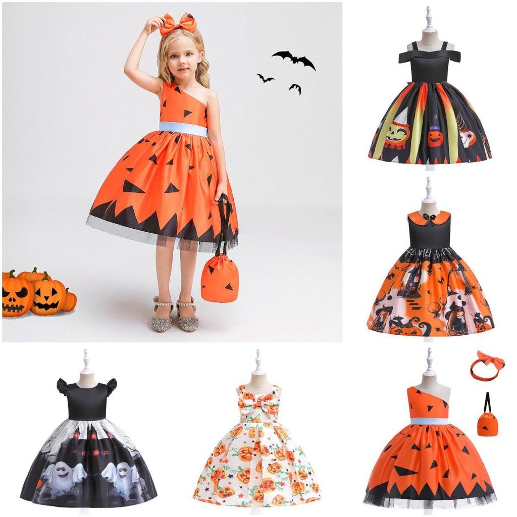 Silky And High Quality Halloween Costume Dress With Pumpkin Bag For Children