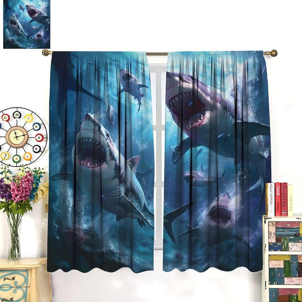 Shark Themed Curtains, Sea of Ferocious Sharks, Spectacular Sea Animal Shark Landscape Decorated Curtains, Boy Personality Room Decorated Rod Pocket