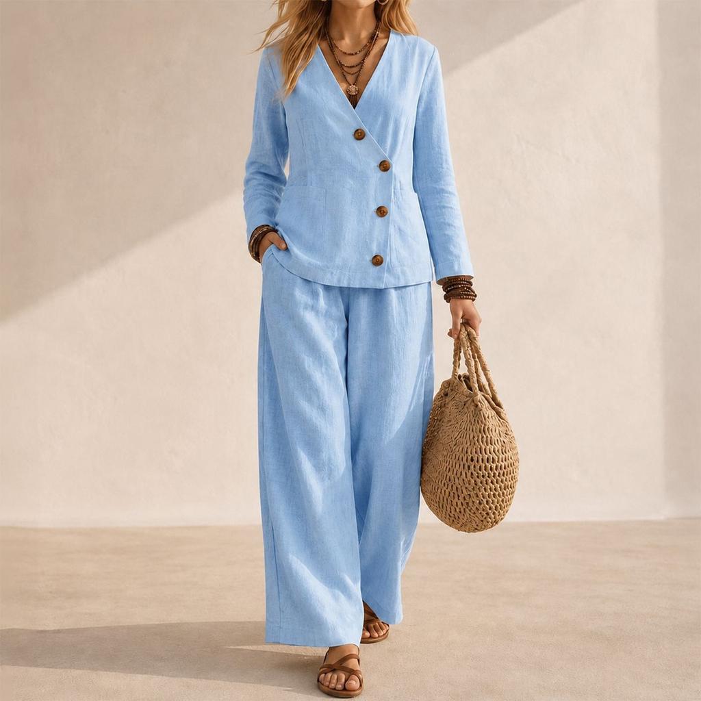 Women's V-Neck Button Long Sleeve Top and Wide Leg Pants Two-Piece Set Color Casual Suit