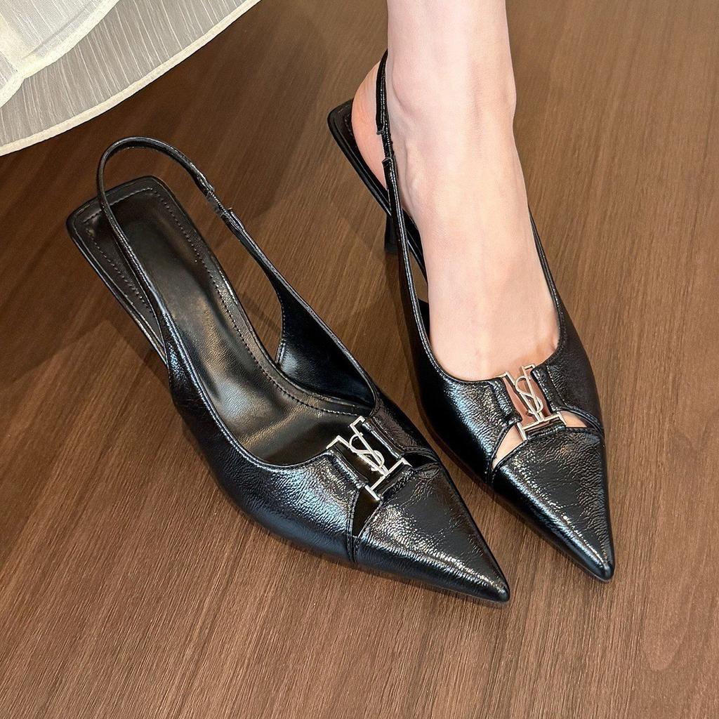 Spice girl Tiancai! Premium silver pointed stilettos women's spring and summer light mouth back empty sandals black Lycra black