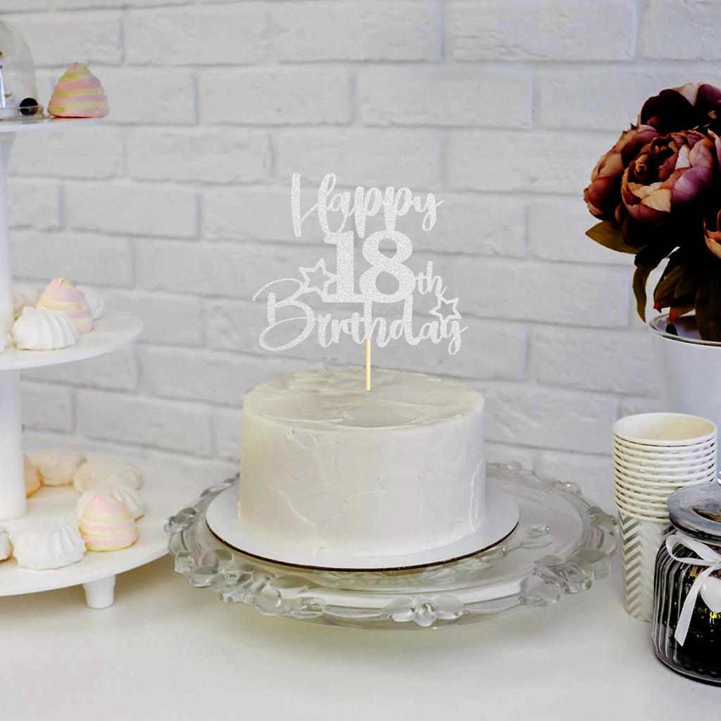 Sotpot 1 Pack 18th Birthday Cake Topper Double-sided Silver Glitter Cake Topper with Star Pattern Cake Decoration for Happy 18th Birthday Party Cake