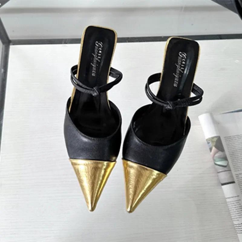 Fashion Summer Sexy Pointy Toe Small Heel Slippers Women Fashion Mules Sandals for Women Back Hollow Covered Toe Design Slides Loafers