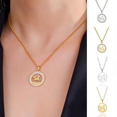 1Pc Horse Pendant Necklace Exquisite Stainless Steel New Year Gift Diamond Inlaid Temperament Round Pendant Necklace