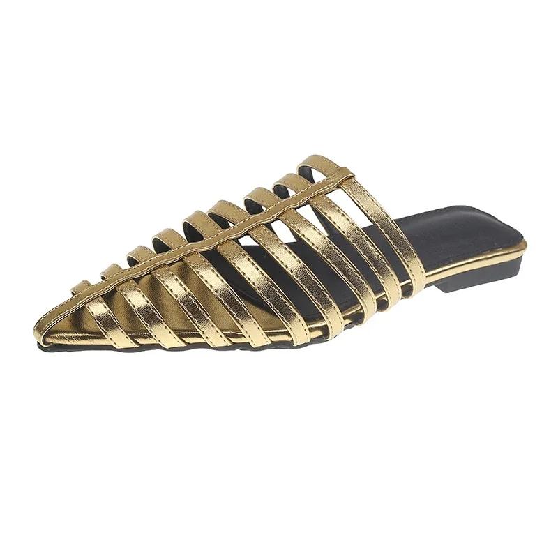 

Summer Dress Women s Fashion Slippers Flat Sole Cover Toe Pointed Toe Narrow Band Ladies Shoes Breathable Zapatillas De Mujer 40 золотой
