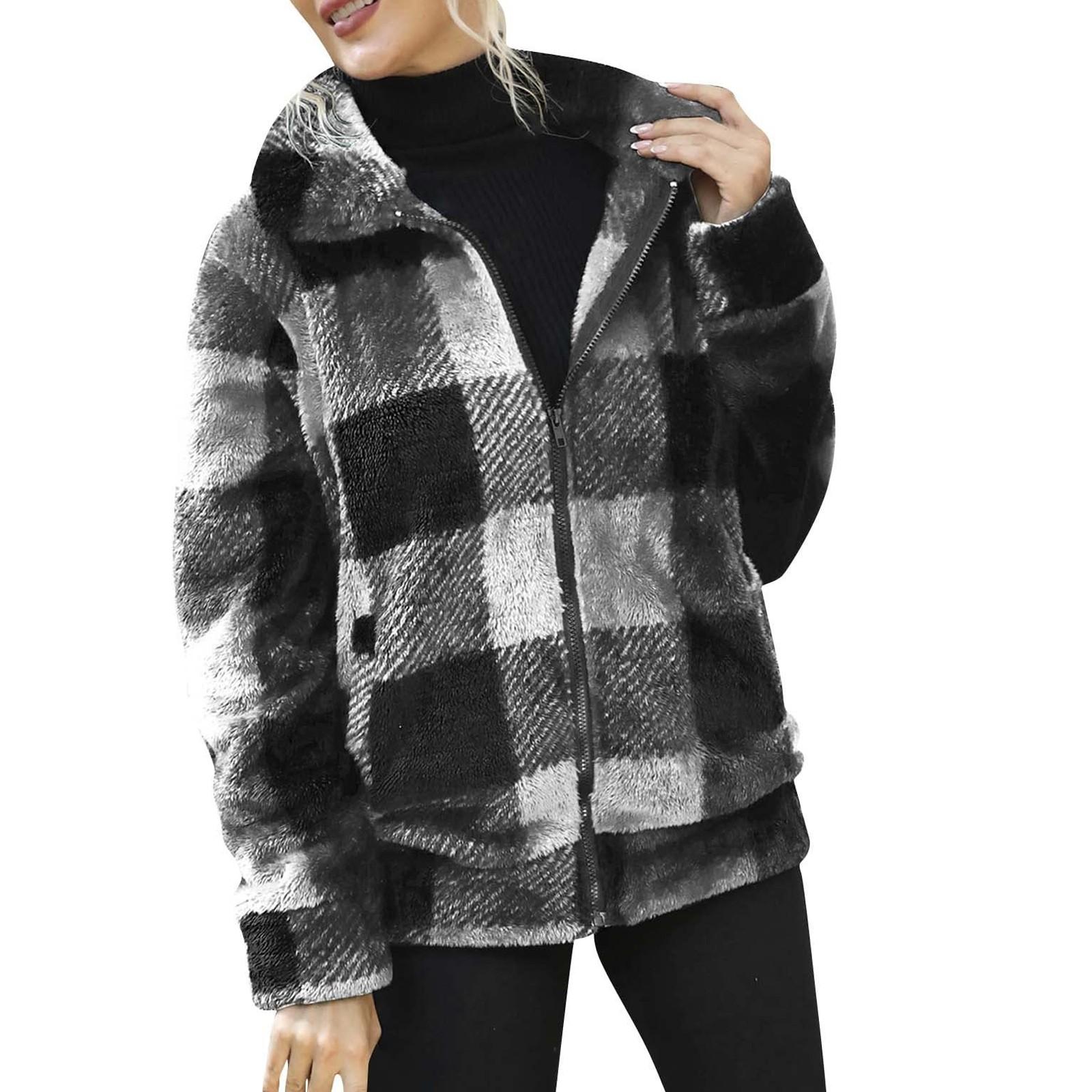 

Женская повседневная клетчатая куртка средней длины с двухсторонним плюшем на молнии с длинными рукавами XL белый