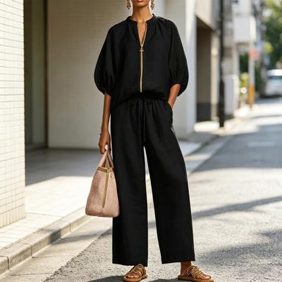 Women's 2 Piece Tracksuit Full Zip V Neck Short Puff Sleeve Top And Wide Leg Pants Casual Vacation Lounge Outfits