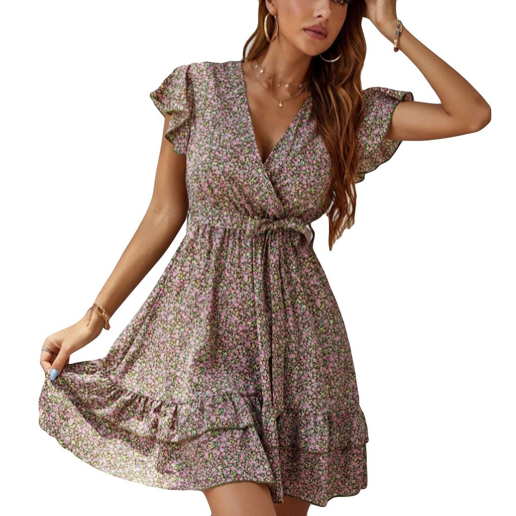 Women Bandage Fashion V-Neck Sexy Short Sleeve  Dress Fashion Dress