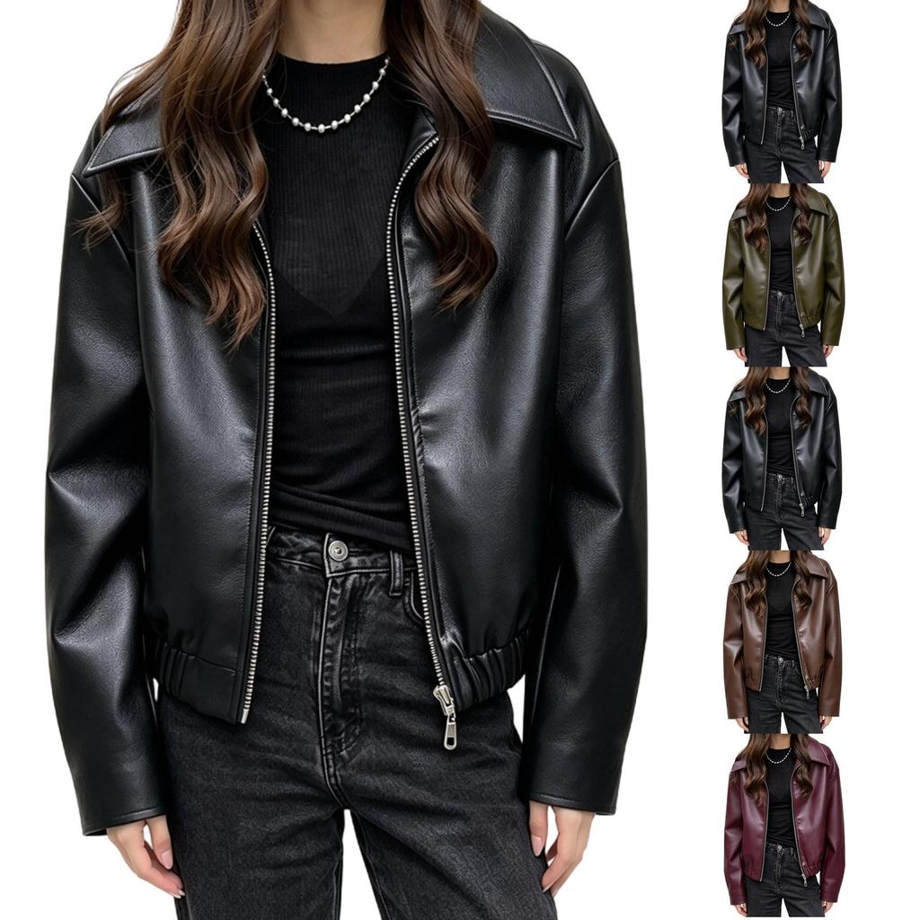Women's Lapel Zip-Up Motorcycle Jacket, Loose Fit Leather Outerwear for Casual Wear