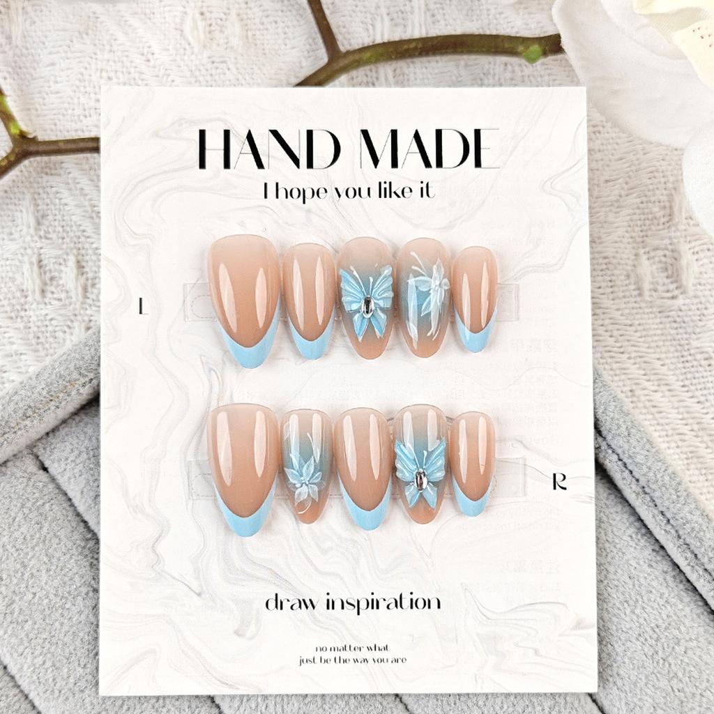 French Style Blue Ombre False Nails 24PCS Reusable Press On Nails With Butterfly Design Lightweight Durable ABS For Daily Wear