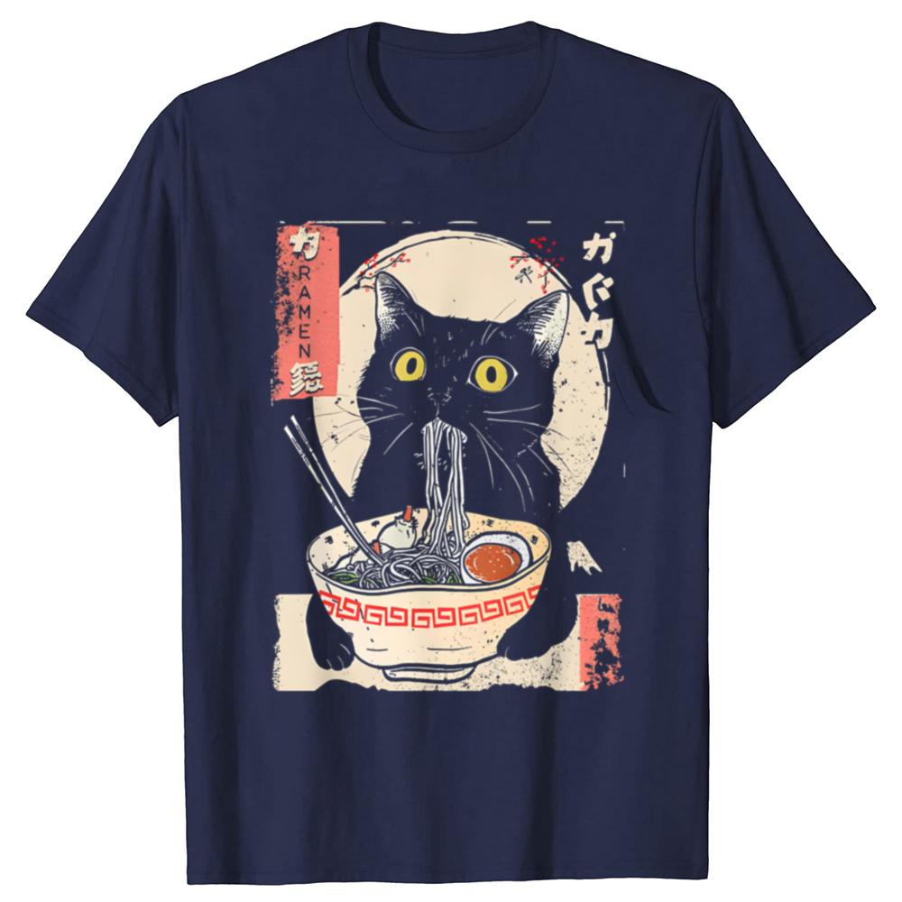 Kawaii Cat Eating Ramen Noodles Funny Anime Tshirts Men Fashion Print Tshirt Loose Oversized Streetwear Hip Hop Unisex T Shirt