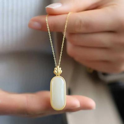 New  Inlaid Natural An White Chalcedony Long Round Necklace Pendant Chinese Charm Lady Elegant Fresh  Jewelry