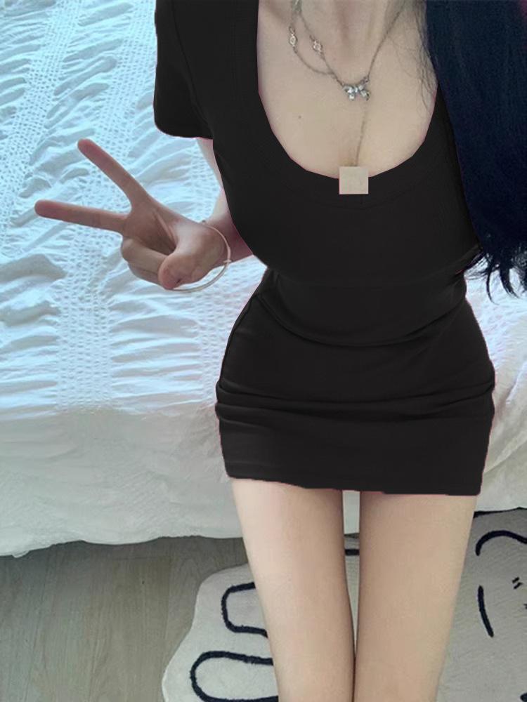 

Pure desire hot girl U-neck sexy short-sleeved dress women s summer slim fit and thin waist and hip small short skirt S чёрный