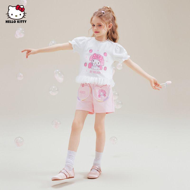 Melody Girls' Summer Outfit Stylish Children's Summer Clothes Girls' Summer Short-Sleeve T-Shirt and Shorts Two-Piece Set Trendy