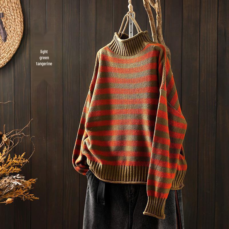 Women's Retro Striped Color Block Half High Neck Sweater - Loose & Casual Knitwear for Autumn/Winter 2026.