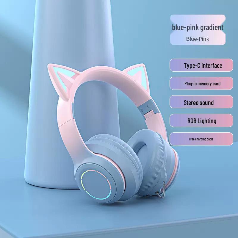 2025 New Cute Wireless Over-Ear Cat Ear Headphones with Mic, Noise Cancelling for Children's Gaming - Girls' Style